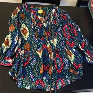 Women's Multicolor Patterned Peasant Blouse - Bright Geo Print